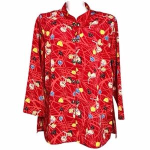 VTG Maggie Sweet Tunic Top LG Red Floral Print Button Closure Mandarine Collar
